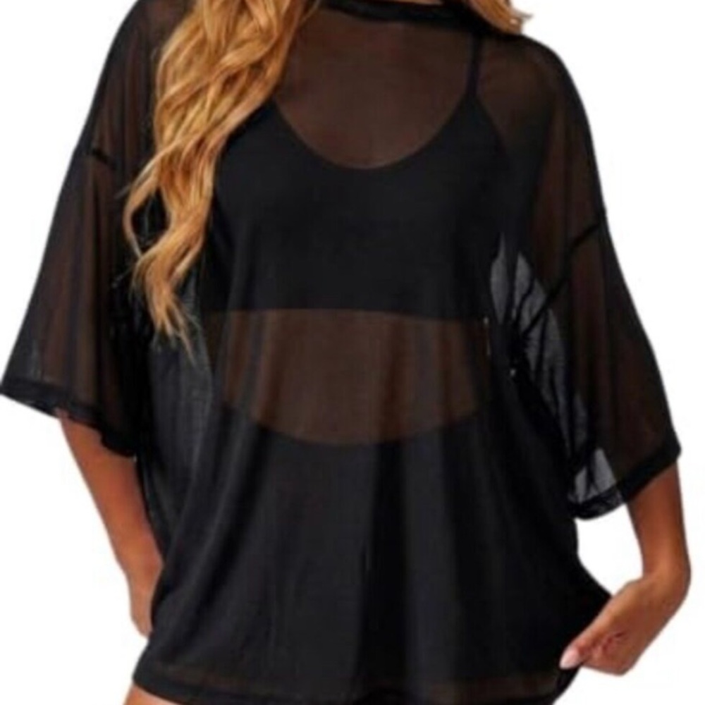 Sheer Mesh T-Shirt Oversized Short Sleeve See Through Cover Up new